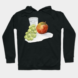 Red Apple, Green Grapes Painting Watercolor Glass of Water, Still life Painting, Art Kitchen Wall Art Hoodie